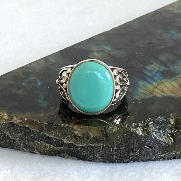Sterling Silver 925 FAS Oval Large Faux Turquoise Scrollwork Band Ring Sz 7.75 - Picture 1 of 16